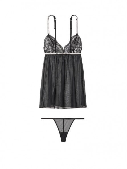Lace & Sheer Mesh Shine Strap Babydoll